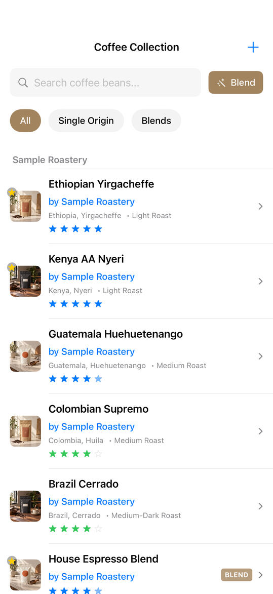 Your coffee collection Time For A Brew coffee collection with bean photos, origins and star ratings